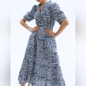 H&M Long Cotton Dress Tiered Puff Sleeves Floral Blue/ Paisley BNWT